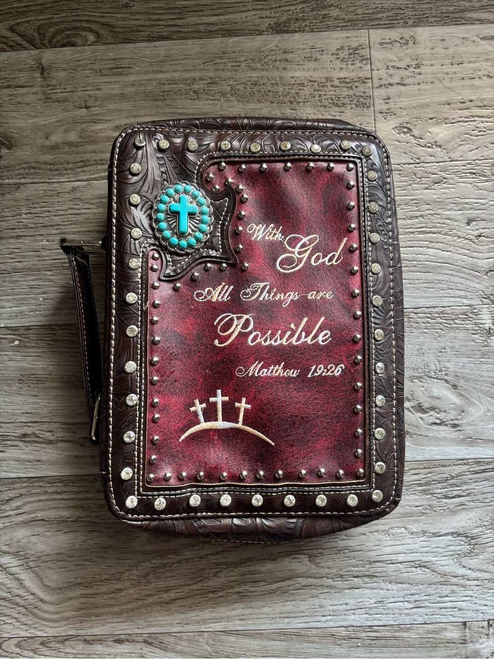 Religious Embossed Red & Brown Bible Cover - With God Design